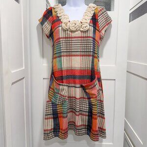 SOLD Yumi Dress Wool Plaid Mini Pockets 3D Flowers Fall Retro Cottage